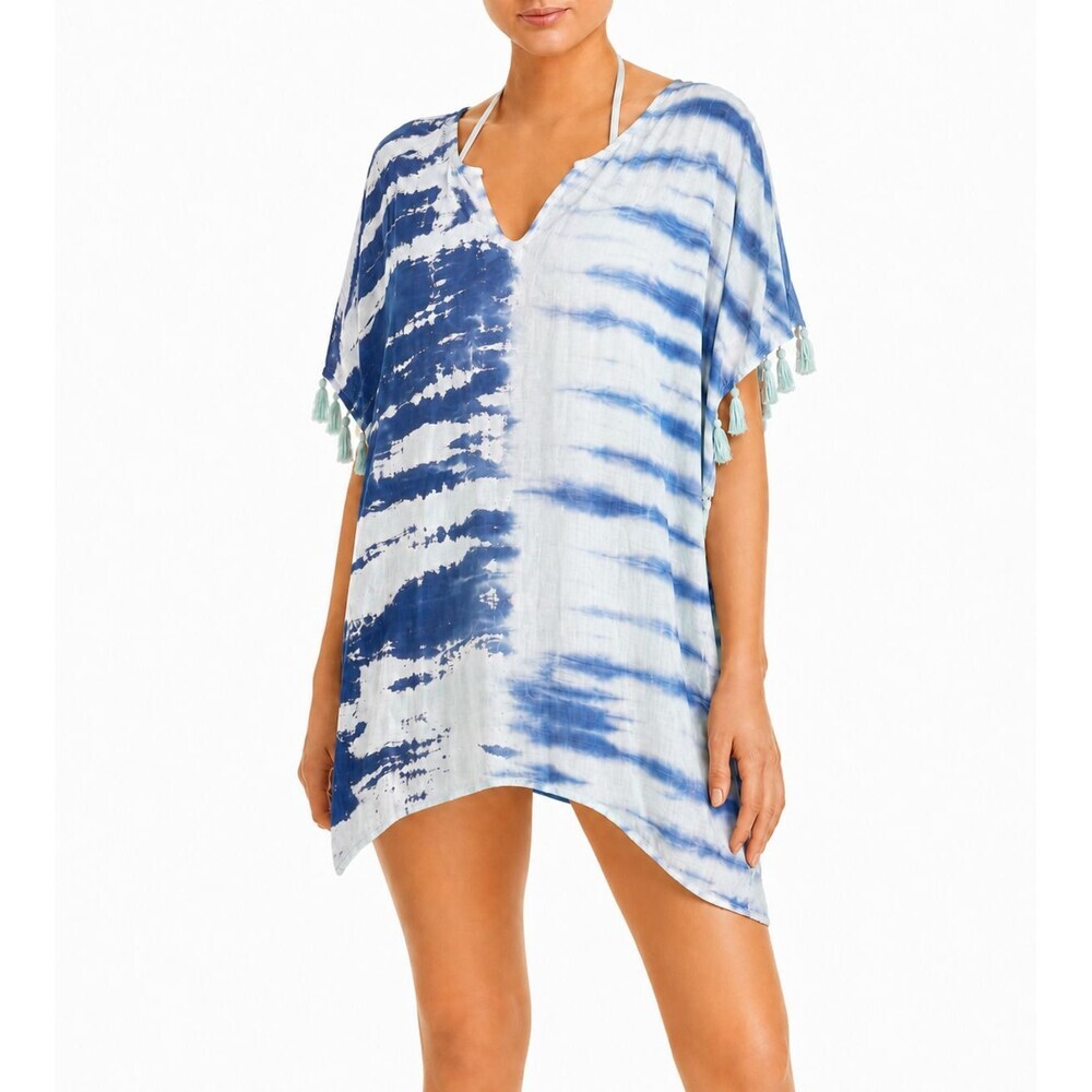 Surf Gypsy Tassel Kaftan Large White Blue Oversized Beach Cover Up Summer